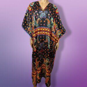 Vintage Winlar Caftan Patio Dress MuuMuu Lounge One Size Black Colorful Paisley